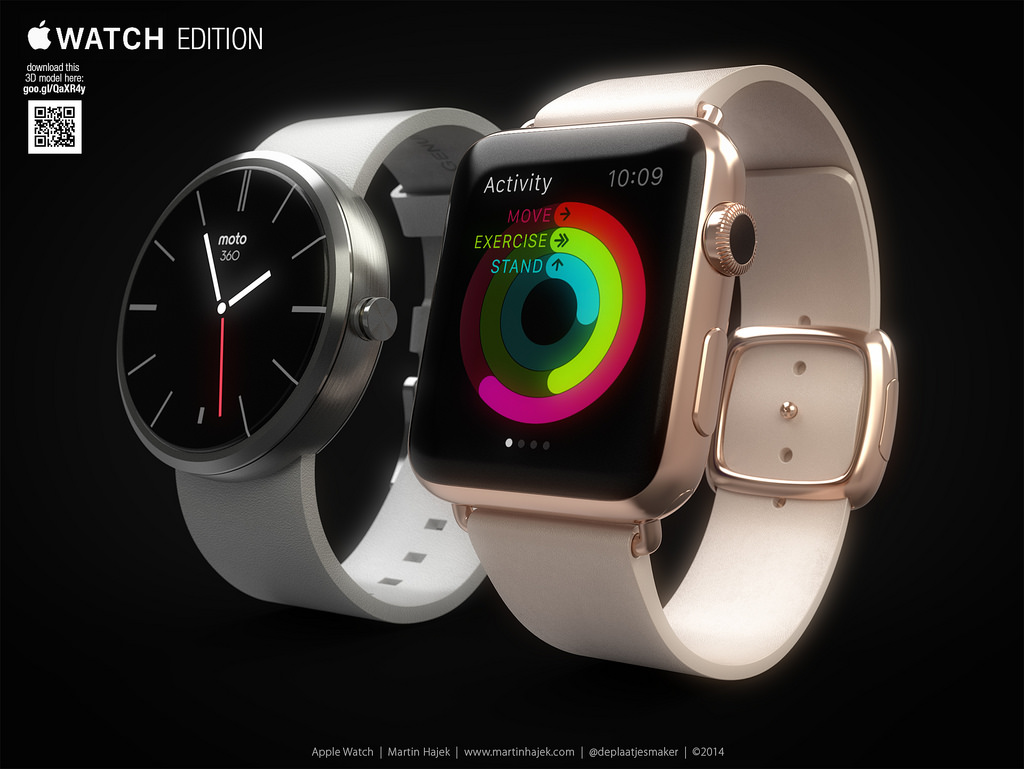 Apple Watch d&acirc;y da (phải) b&ecirc;n cạnh Moto 360.