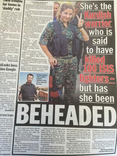 Rehana đã trở thành biểu tượng cho phong trào chống IS của người Kurd Ảnh: New York Daily News