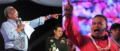 Từ tr&aacute;i sang: Tổng Thư k&yacute; PDRC Suthep Thaugsuban, Tư lệnh lục qu&acirc;n Prayuth Chan-Ocha v&agrave; thủ lĩnh phe &aacute;o đỏ Jatuporn Prompan đ&atilde; gặp nhau tại cuộc họp chiều 21-5 Ảnh: BANGKOK POST