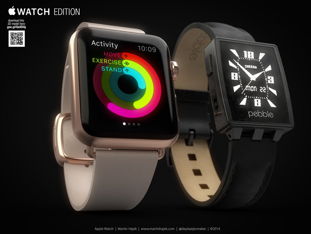 Apple Watch d&acirc;y da (tr&aacute;i) b&ecirc;n cạnh Pebble.