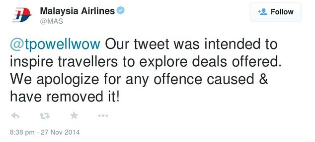 Th&ocirc;ng điệp xin lỗi của MAS tr&ecirc;n Twitter. Ảnh: Daily Mail