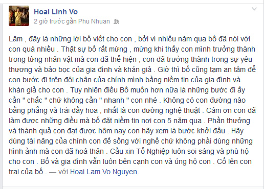 Nội dung t&acirc;m thư NS Ho&agrave;i Linh viết gửi con trai nu&ocirc;i tr&ecirc;n trang c&aacute; nh&acirc;n. Ảnh chụp m&agrave;n h&igrave;nh