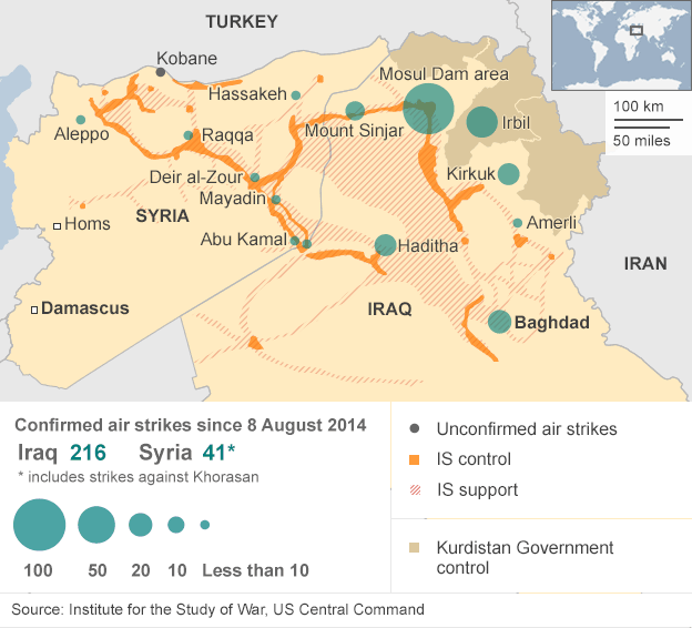 Thống k&ecirc; c&aacute;c cuộc kh&ocirc;ng k&iacute;ch của Mỹ v&agrave; li&ecirc;n qu&acirc;n tại Iraq v&agrave; Syria. Ảnh: BBC