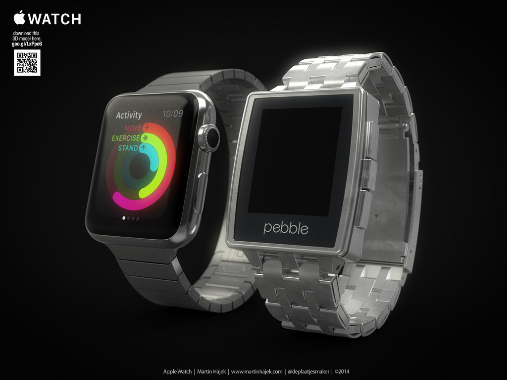 Apple Watch d&acirc;y kim loại (tr&aacute;i) b&ecirc;n cạnh Pebble.