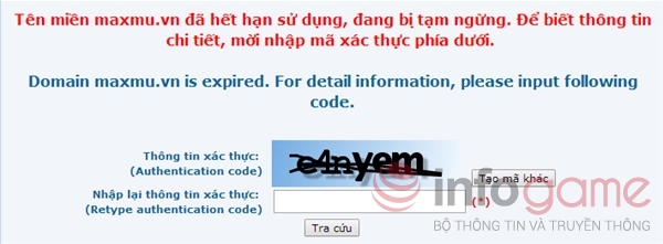 Một game lậu của Maxgame đã bị đóng cửa với lý do hết hạn tên miền.