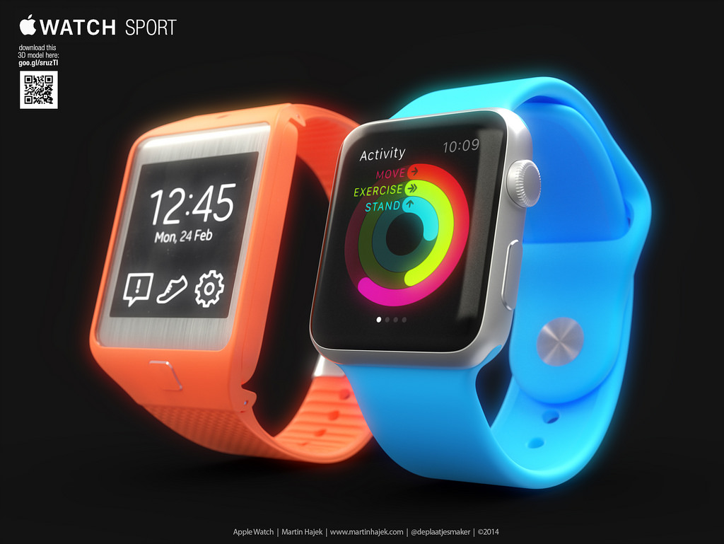 Apple Watch d&acirc;y kim loại (phải) b&ecirc;n cạnh Samsung Gear 2 Neo.