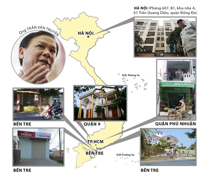 Liệt kê sơ bộ các biệt thự và nhà đất của ông Trần Văn Truyền. Ảnh báo Tuổi Trẻ