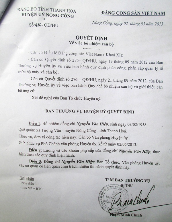 C&aacute;c quyết định bổ nhiệm &ocirc;ng Hiệp