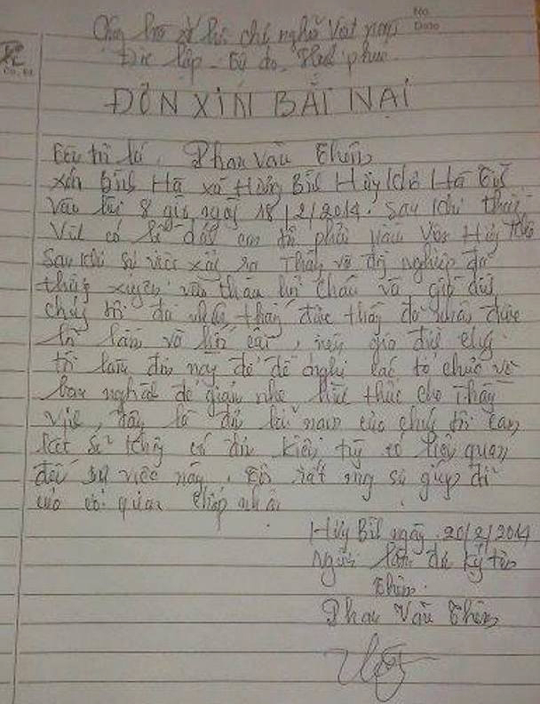 Đơn b&atilde;i nại từ ph&iacute;a gia đ&igrave;nh em Phan Văn Chung