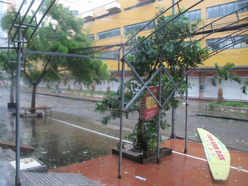 Một biển hiệu bị gi&oacute; b&atilde;o thổi bay tr&ecirc;n đường phố M&oacute;ng C&aacute;i
