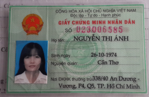 Giấy CMND mang t&ecirc;n Nguyễn Thị &Aacute;nh, nhưng h&igrave;nh của kẻ lừa đảo &ocirc;t&ocirc; Altis của anh Nguyễn Anh Khoa.