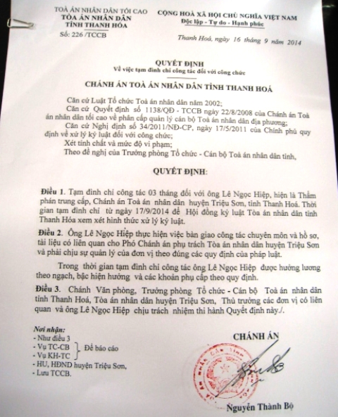Quyết định đ&igrave;nh chỉ c&ocirc;ng t&aacute;c đối với &ocirc;ng L&ecirc; Ngọc Hiệp, Ch&aacute;nh &aacute;n TAND huyện Triệu Sơn