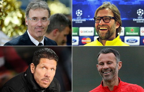 Ai tha thiết đến vị tr&iacute; HLV của M.U (từ tr&aacute;i qua, tr&ecirc;n xuống: Laurent Blanc, Jurgen Klopp, Diego Simeone, Ryan Gyggs)?