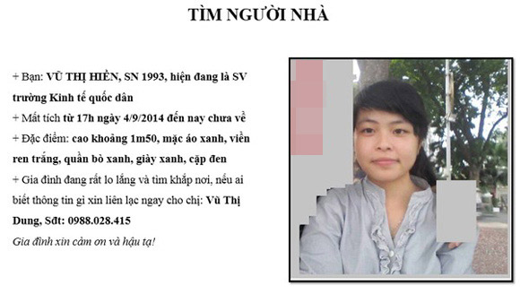Thông báo tìm nữ sinh Vũ Thị Hiền được dán ở Trường ĐH Kinh tế quốc dân