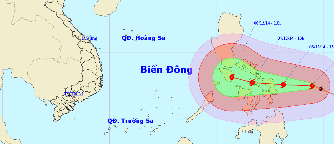 Vị tr&iacute; v&agrave; dự b&aacute;o đường đi của si&ecirc;u b&atilde;o Hagupit. Nguồn: Trung t&acirc;m Dự b&aacute;o KTTV Trung ương