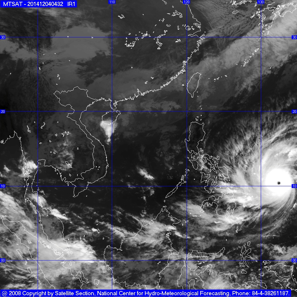 Ảnh m&acirc;y vệ tinh của si&ecirc;u b&atilde;o Hagupit. Nguồn: Trung t&acirc;m Dự b&aacute;o KTTV Trung ương