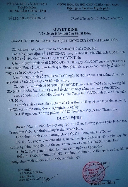 Quyết định gi&aacute;ng chức &ocirc;ng B&ugrave;i Sỹ Hồng của Gi&aacute;m đốc Trung t&acirc;m gi&aacute;o dục thường xuy&ecirc;n tỉnh Thanh H&oacute;a