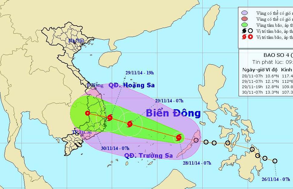 Vị tr&iacute; v&agrave; dự b&aacute;o đường đi của cơn b&atilde;o số 4. Nguồn: Trung t&acirc;m dự b&aacute;o kh&iacute; tượng thuỷ văn Trung ương