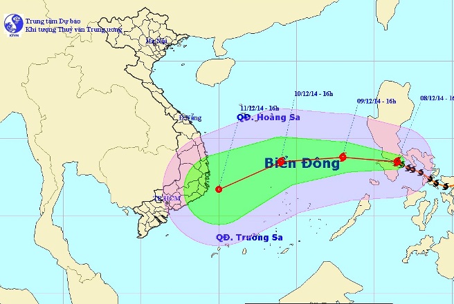 Vị tr&iacute; v&agrave; dự b&aacute;o đường đi của b&atilde;o Hagupit. Ảnh: Trung t&acirc;m Dự b&aacute;o kh&iacute; tượng Thuỷ văn Trung ương