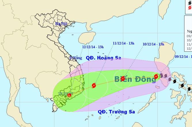 Vị tr&iacute; v&agrave; dự b&aacute;o đường đi của b&atilde;o số 5. Nguồn: Trung t&acirc;m dự b&aacute;o kh&iacute; tượng thuỷ văn Trung ương