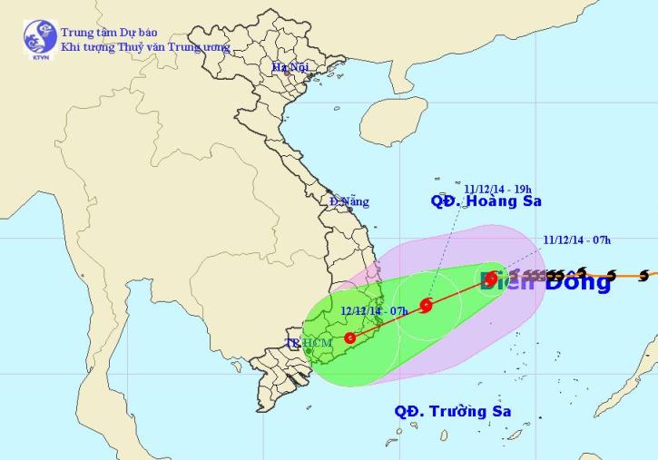 Vị tr&iacute; v&agrave; dự b&aacute;o đường đi của b&atilde;o số 5 (b&atilde;o Hagupit). Nguồn: trung t&acirc;m Dự b&aacute;o kh&iacute; tượng thuỷ văn Trung ương