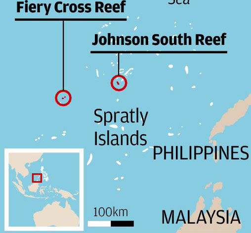 Bãi đá Chữ Thập (Fiery Cross) và bãi Gạc Ma (Johnson) đều nằm trong mưu đồ mới của Trung Quốc.
Nguồn: SCMP