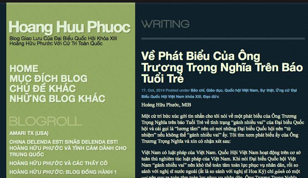 Bài viết về ông Trương Trọng Nghĩa trên blog của ông Hoàng Hữu Phước