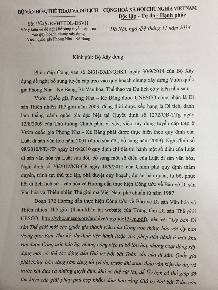 C&ocirc;ng văn Bộ VH-TT-DL trả lời Bộ X&acirc;y dựng, từ chối bổ sung c&aacute;p treo Sơn Đo&ograve;ng v&agrave;o quy hoạch x&acirc;y dựng Vườn quốc gia Phong Nha - Kẻ B&agrave;ng