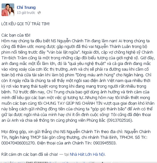 Lời k&ecirc;u gọi của nghệ sĩ Ch&iacute; Trung tr&ecirc;n Facebook.