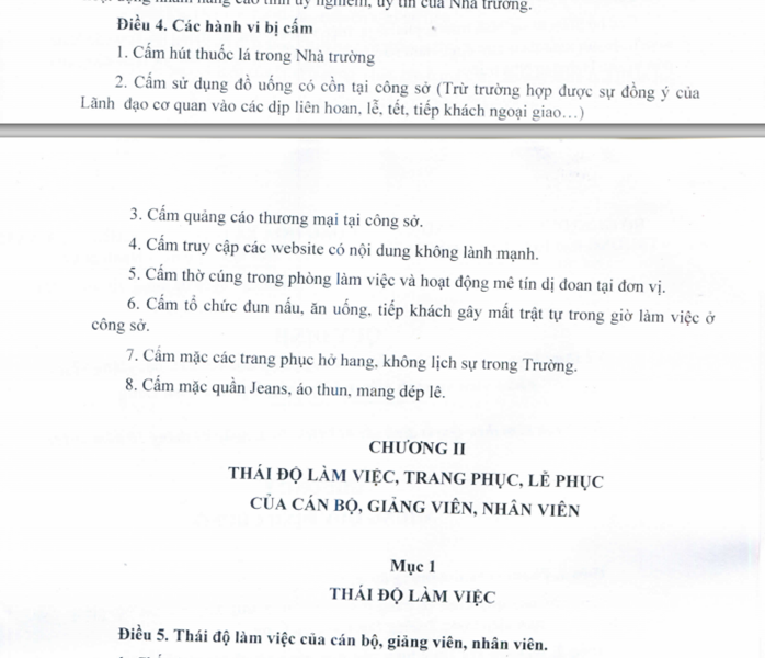 Văn bản c&oacute; điều quy định&nbsp;cấm c&aacute;n bộ, giảng vi&ecirc;n, nh&acirc;n vi&ecirc;n, sinh vi&ecirc;n mặc quần jeans do Trường ĐH Cửu Long ban h&agrave;nh