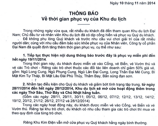 Th&ocirc;ng b&aacute;o mới nhất của Khu du lịch Đại Nam về việc tiếp tục k&eacute;o d&agrave;i hoạt động đến hết năm 2014.