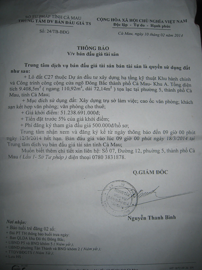 Th&ocirc;ng b&aacute;o b&aacute;n đấu gi&aacute; l&ocirc; đất C27