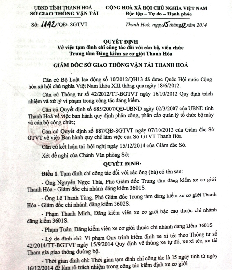 Quyết định tạm đ&igrave;nh chỉ c&ocirc;ng t&aacute;c 15 ng&agrave;y đối với 4 c&aacute;n bộ Trung t&acirc;m đăng kiểm xe cơ giới Thanh H&oacute;a