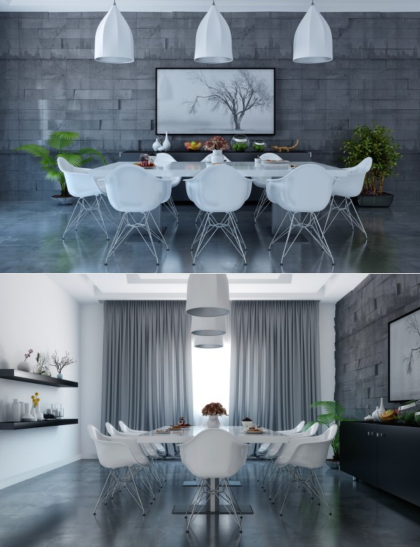 Ph&ograve;ng ăn n&agrave;y lại mang d&aacute;ng dấp c&ocirc;ng nghiệp khi nh&agrave; thiết kế tận dụng tối đa gam m&agrave;u lạnh từ tường, s&agrave;n nh&agrave;, ch&acirc;n ghế cho đến bức tranh trung t&acirc;m. Thiết kế:  Hesham Elshipli