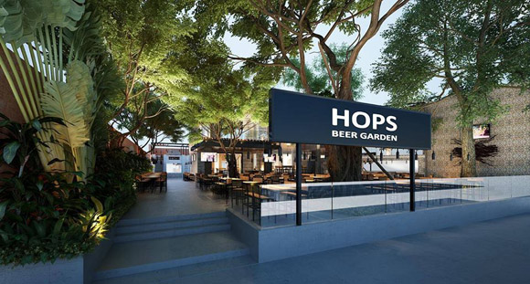 Khung cảnh b&ecirc;n ngo&agrave;i của Hops Beer Garden