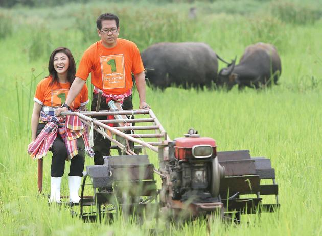 Bà Yingluck và cựu nghị sĩ đảng Pheu Thai Jirayu Huangsap cày ruộng trong chiến dịch tranh cử năm 2011.
Ảnh: Nation