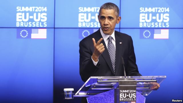 U.S. President Barack Obama speaks at a news conference during a EU-U.S. summit at the European Council in Brussels March 26, 2014.