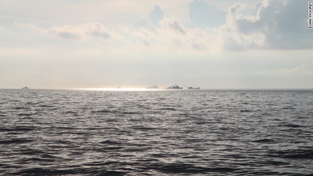 A Chinese vessel uses water cannon on a Vietnamese fisheries surveillance ship.
