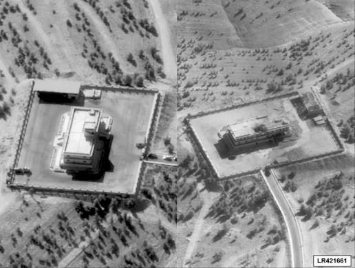 Một trung tâm chỉ huy của IS ở Syria trước (trái) và sau khi trúng bom từ chiến đấu cơ tàng hình F-22. Ảnh: REUTERS