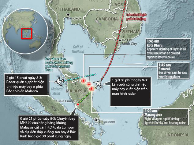 H&agrave;nh tr&igrave;nh b&iacute; ẩn của chuyến bay MH370. Ảnh: Daily Mail