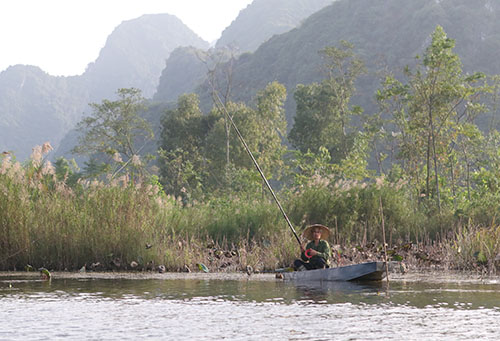 Xa xa trong nắng vàng, một ngư phú giương câu cùng cái nhìn thân thiện với những người khác thập phương bên cạnh hàng cỏ lau cao vút