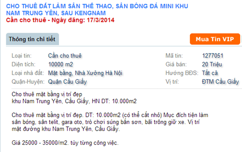 Tin rao cho thu&ecirc; đất l&agrave;m s&acirc;n b&oacute;ng phổ biến tr&ecirc;n internet