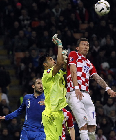 Thủ m&ocirc;n Buffon tranh chấp b&oacute;ng với Mario Mandzukic