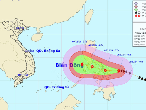 Dự b&aacute;o vị tr&iacute; v&agrave; hướng di chuyển của b&atilde;o Hagupit - Nguồn: Trung t&acirc;m dự b&aacute;o kh&iacute; tượng thủy văn trung ương