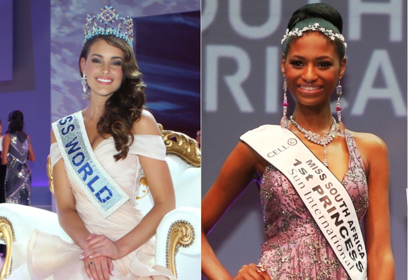 Rolene Strauss (tr&aacute;i) sau khi đăng quang Hoa hậu thế giới 2014 đ&atilde; chuyển giao vương miện Hoa hậu Nam Phi lại cho &Aacute; hậu 1 của cuộc thi Miss South Africa Ziphozakhe Zokufa (phải). Ảnh: EPA/Supplied