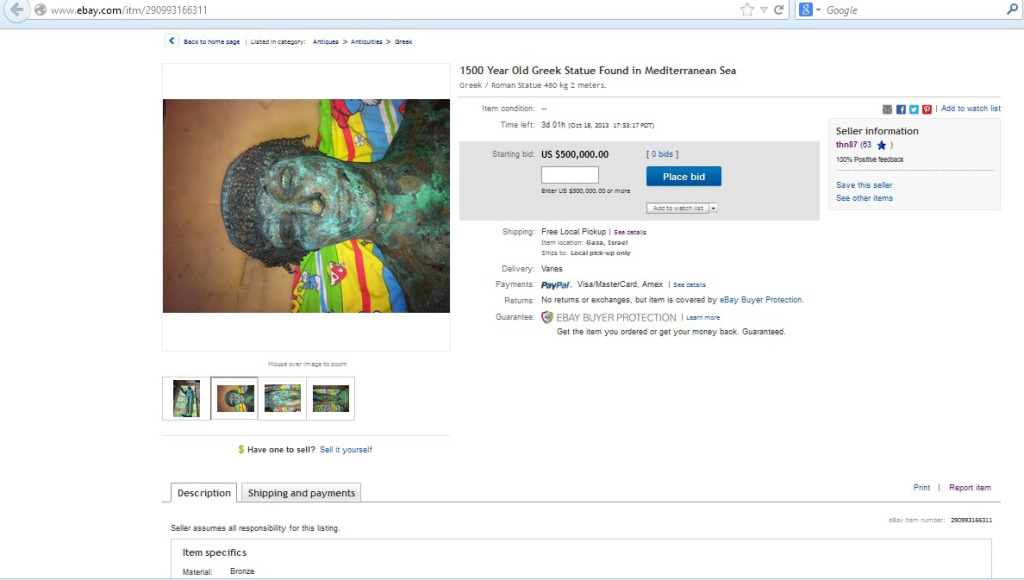 H&igrave;nh ảnh bức tượng thần Apollo bị rao b&aacute;n tr&ecirc;n trang eBay. Ảnh: Worldpress