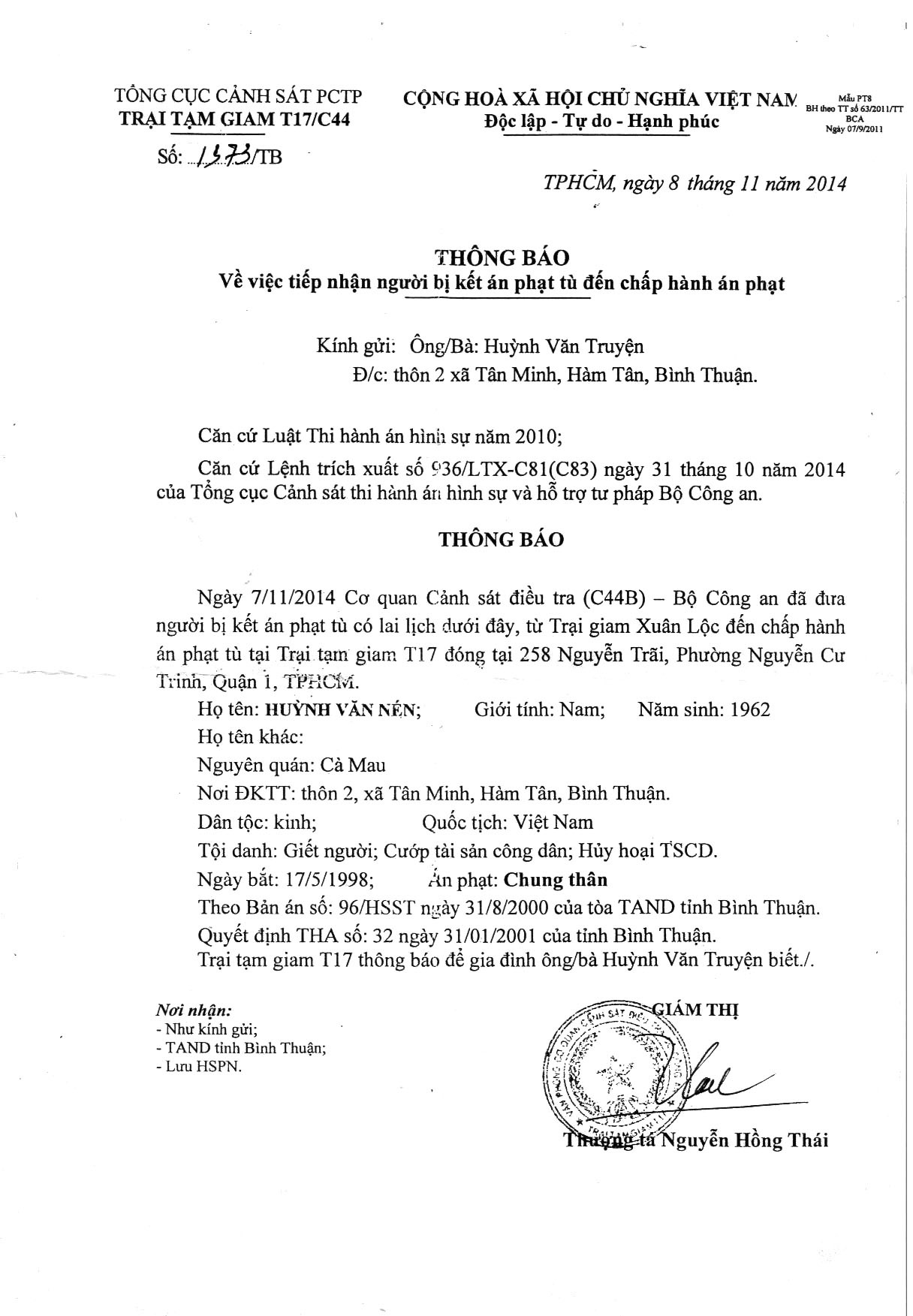 Thông báo của T17 gửi gia đình ông Huỳnh Văn Truyền