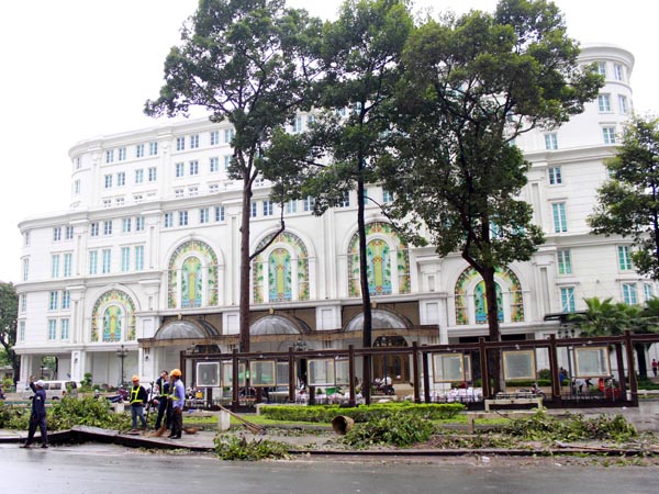 Đến chiều ng&agrave;y 22-7, việc đốn hạ c&acirc;y hai b&ecirc;n c&ocirc;ng vi&ecirc;n Lam Sơn đ&atilde; cơ bản ho&agrave;n tất, c&aacute;c c&ocirc;ng nh&acirc;n tiếp tục dọn dẹp để b&agrave;n giao mặt bằng