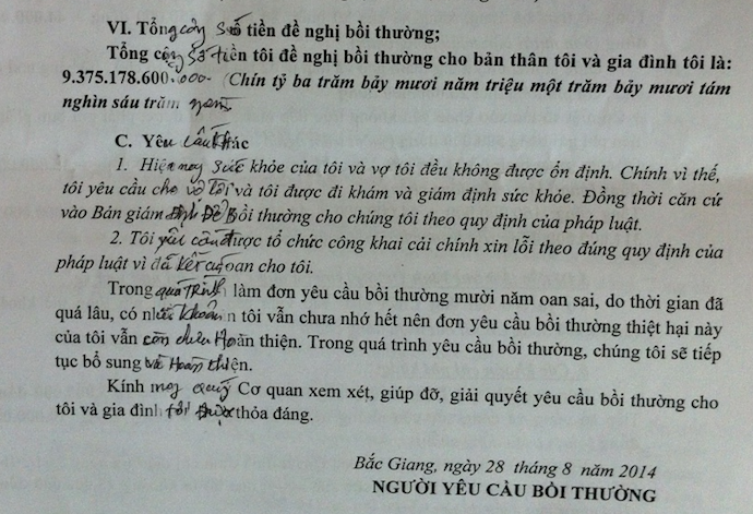 Một phần bản y&ecirc;u cầu bồi thường của &ocirc;ng Nguyễn Thanh Chấn