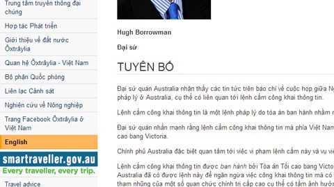 Tuy&ecirc;n bố của Đại sứ qu&aacute;n Australia tr&ecirc;n trang web. Ảnh: Vietnamnet